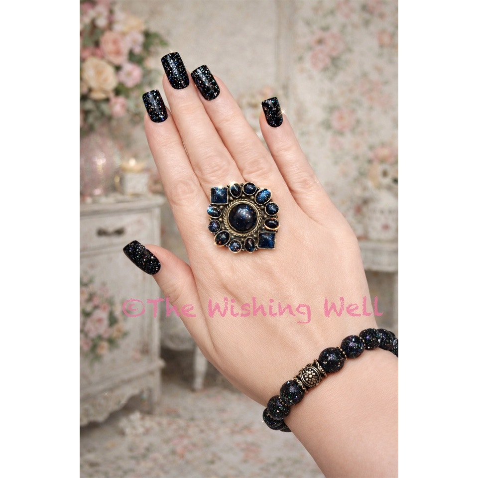 Rare Black Sunstone Cluster Artisan 14g Adjustable Sterling Silver Ring